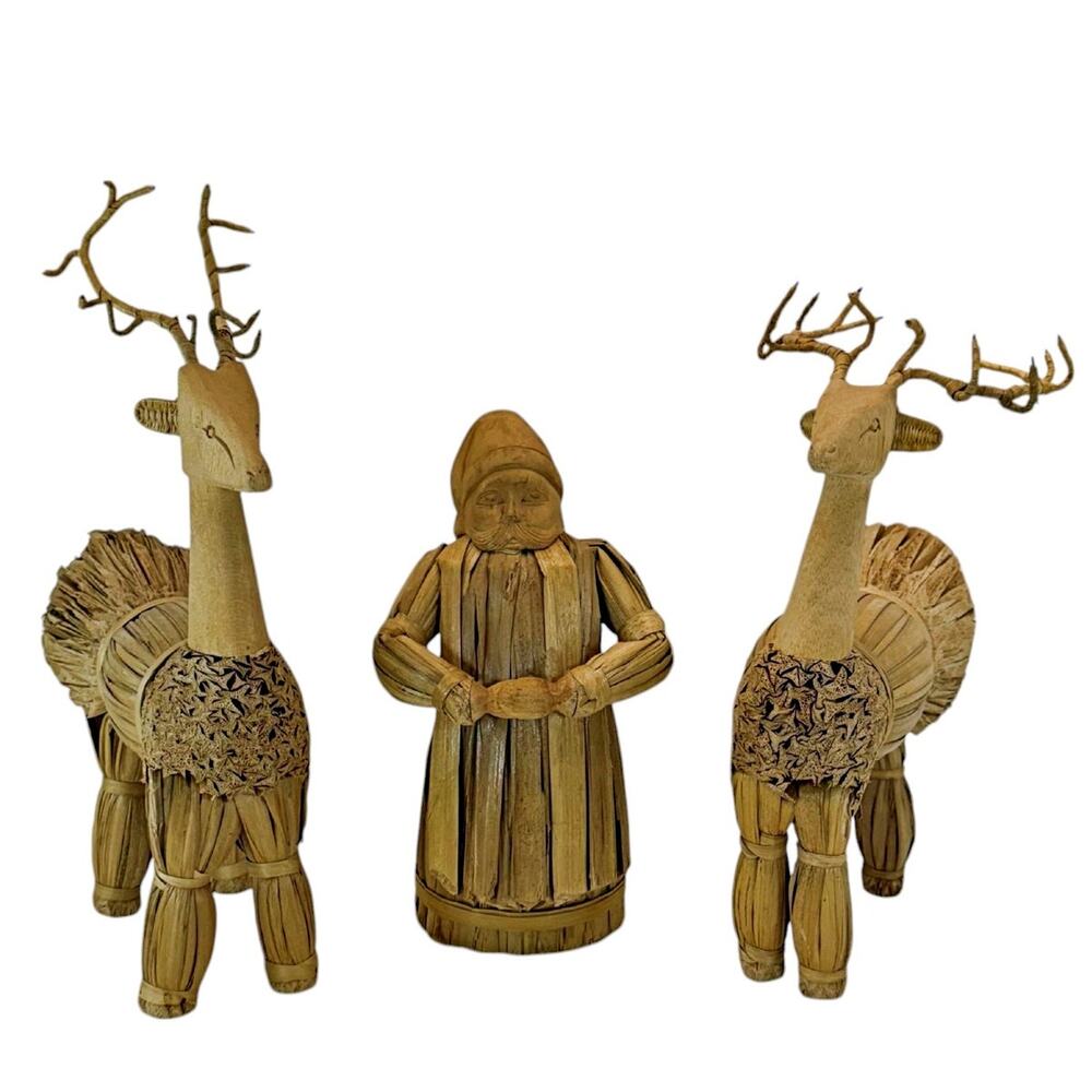Vintage 14" Christmas Santa Reindeer Corn Husk Carved Wood Figures Philippines